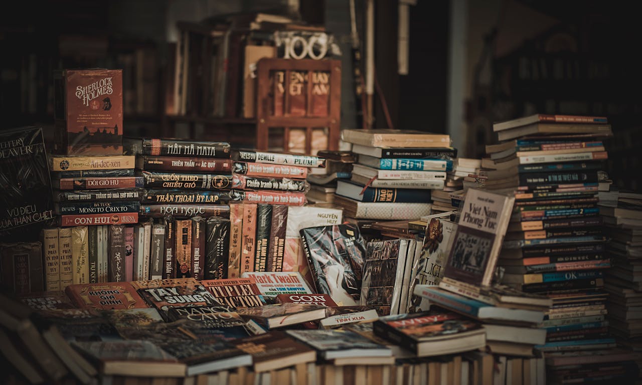 A cozy indoor bookstore with stacked bookshelves filled with novels and literature.